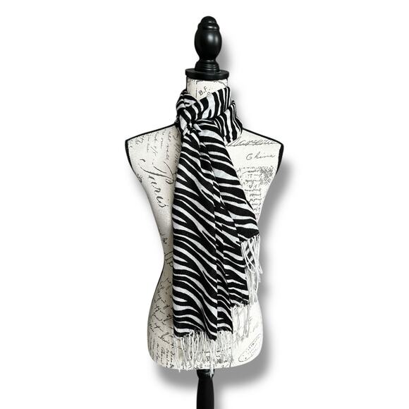 Pashmina Scarf Shawl Wrap White Black Zebra Animal Stripe Fringe 28" x 60" - Picture 2 of 4